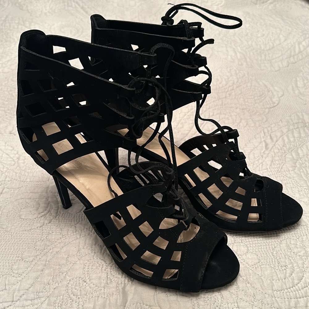 Black Suede Lace Tie Up Cage Style Booties - Charlotte Russe